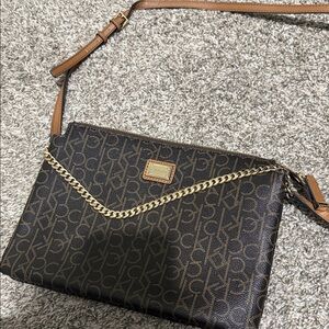 Calvin Klein Dark Brown Logo Crossbody with Gold Chain Accent